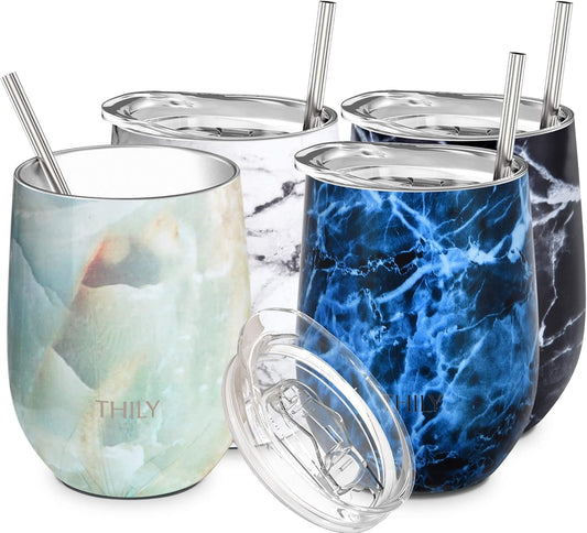 Stainless Steel Stemless Wine Tumbler 4 Pack Vacuum Insulated Travel Wine Glasses with Sliding Lids and Straws, 12 Oz, Keep Cold for Juice, Coffee, Beer, Marble Series